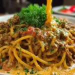 Cajun Beef Spaghetti in Creamy Three-Cheese Parmesan Sauce - Delicious Dish
