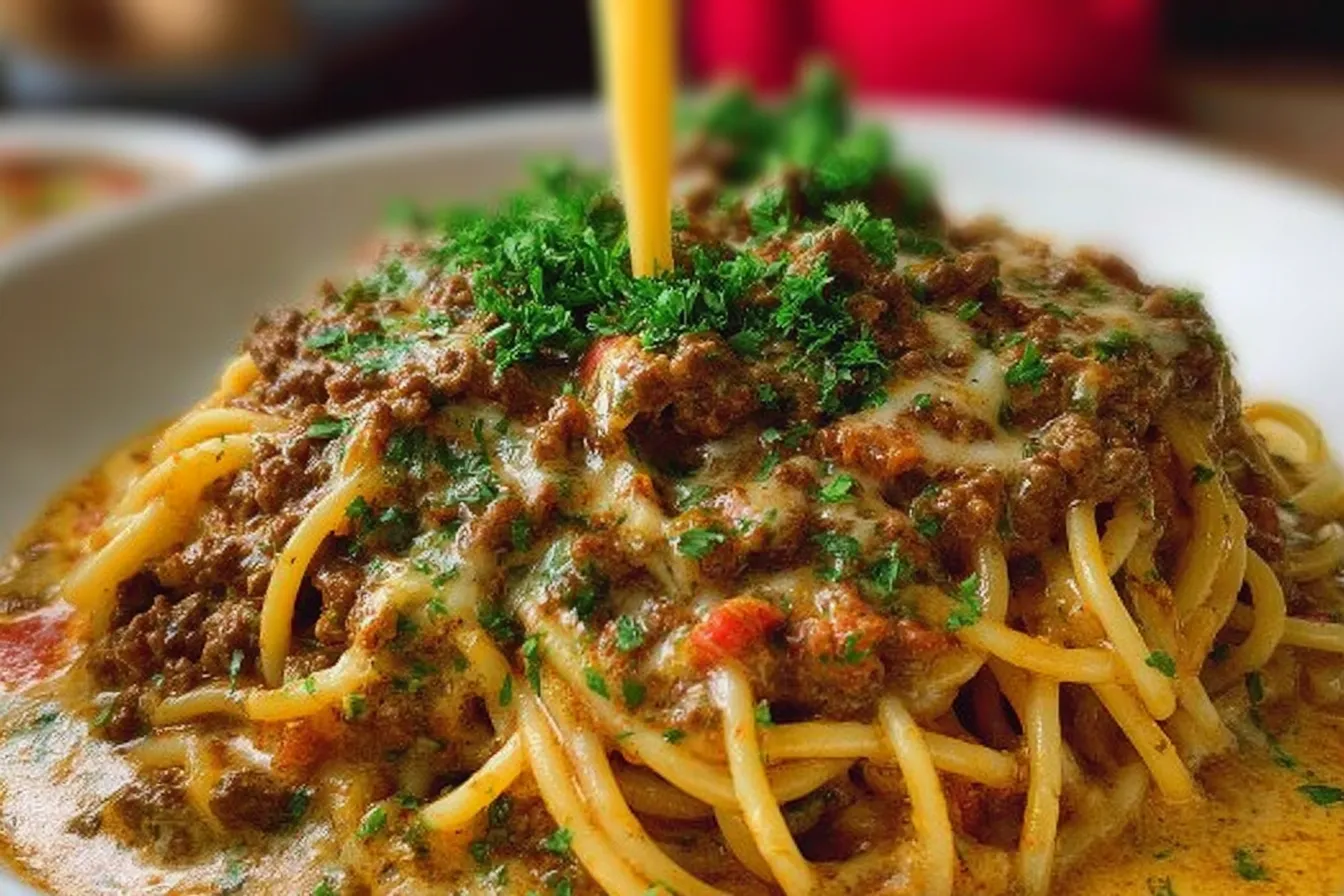 Cajun Beef Spaghetti in Creamy Three-Cheese Parmesan Sauce 