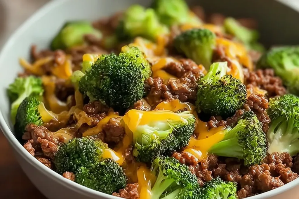 Cheesy Ground Beef and Broccoli Dish Ready to Serve