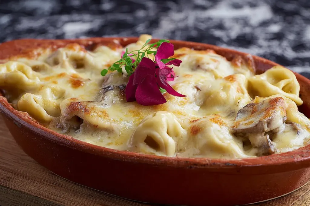 Cheesy Tortellini Bake Served with Garlic Bread