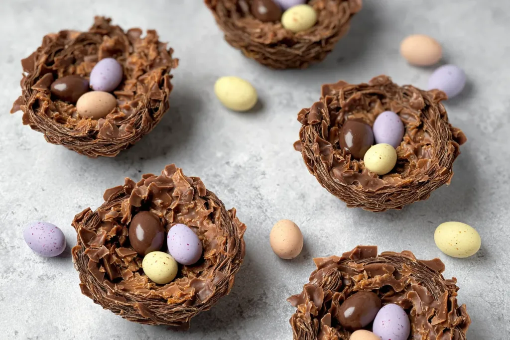 Chocolate Easter Nests on a Colorful Easter Table