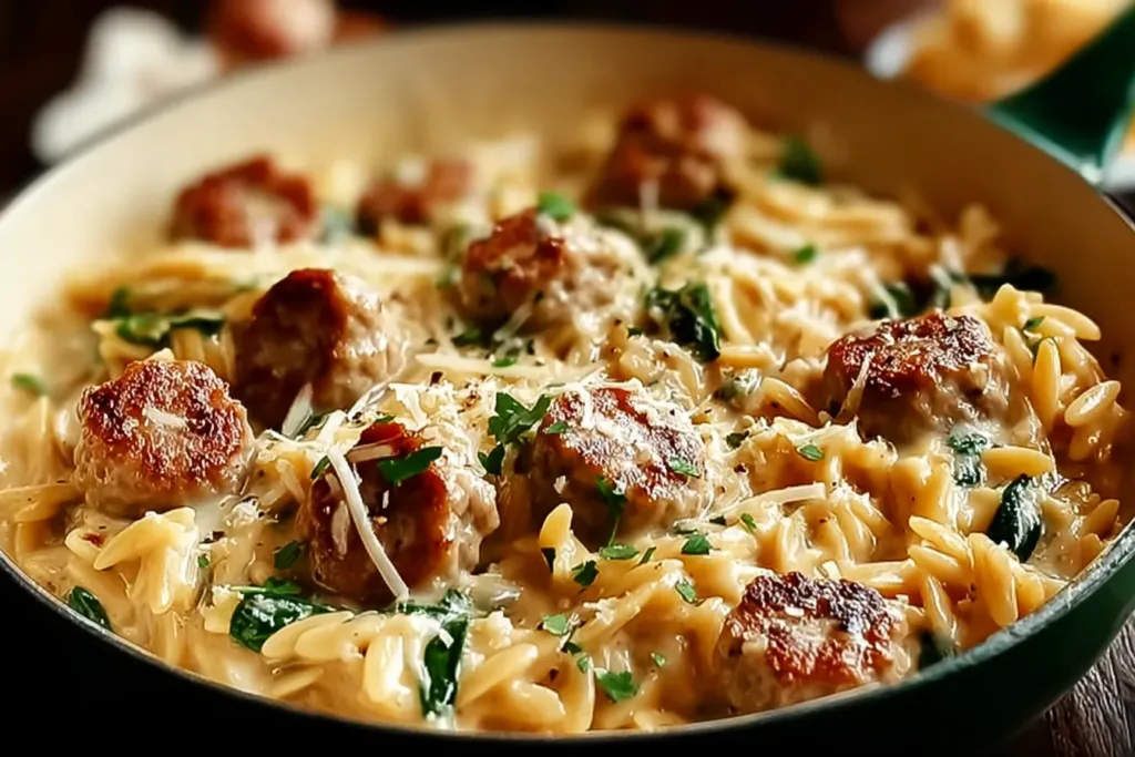 Creamy Chicken Sausage Orzo in a Pan