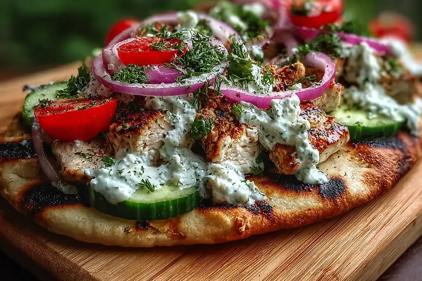 Creamy Greek Chicken Flatbread with Tzatziki, Cucumbers, Tomatoes & Red Onion 