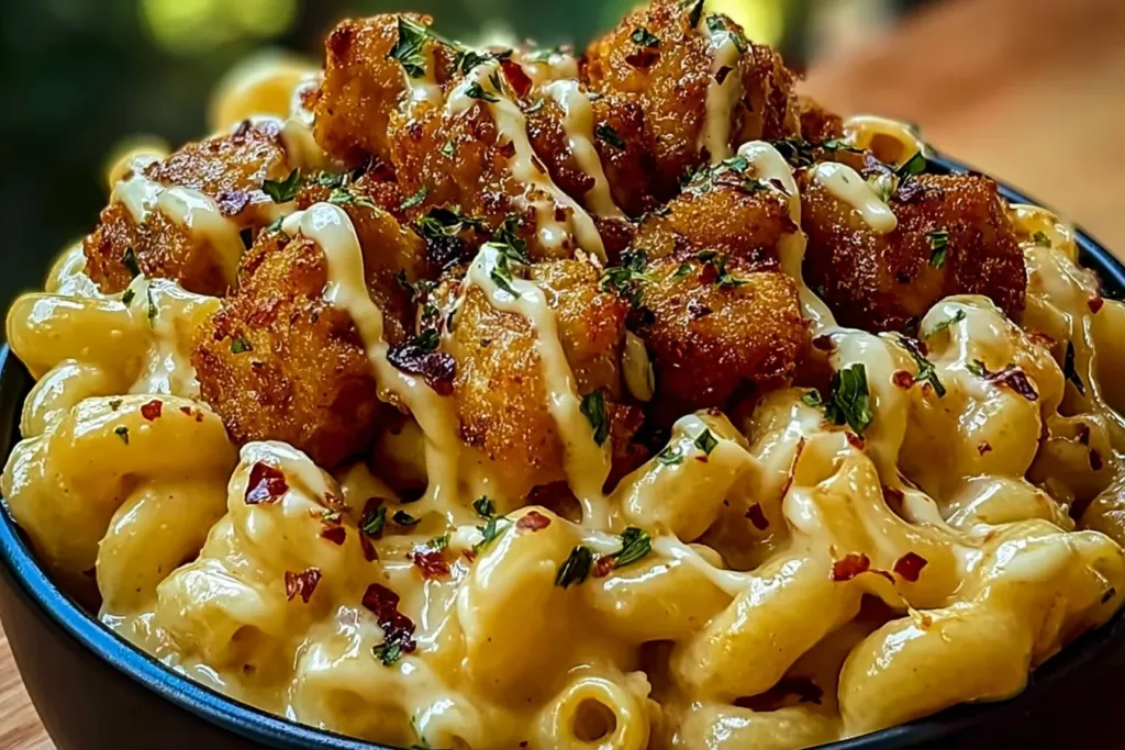 Creamy Honey Pepper Chicken Mac and Cheese Delight Plate