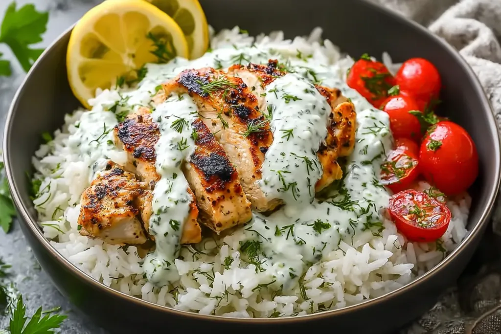 Dump-and-Bake Chicken Tzatziki with Rice Plated Dish