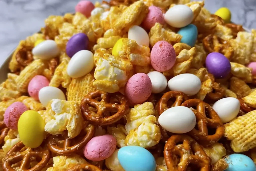 Easter Puff Corn Crunch Snack Mix in a Bowl
