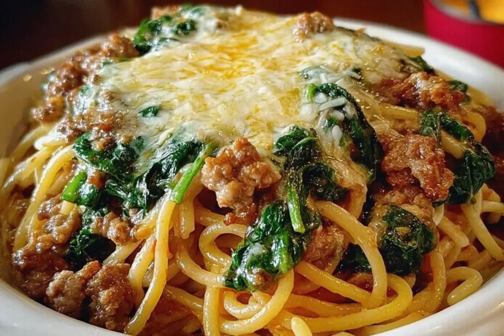 Garlic Butter Spaghetti with Cheesy Italian Sausage and Spinach