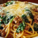 Garlic Butter Spaghetti with Cheesy Italian Sausage and Spinach