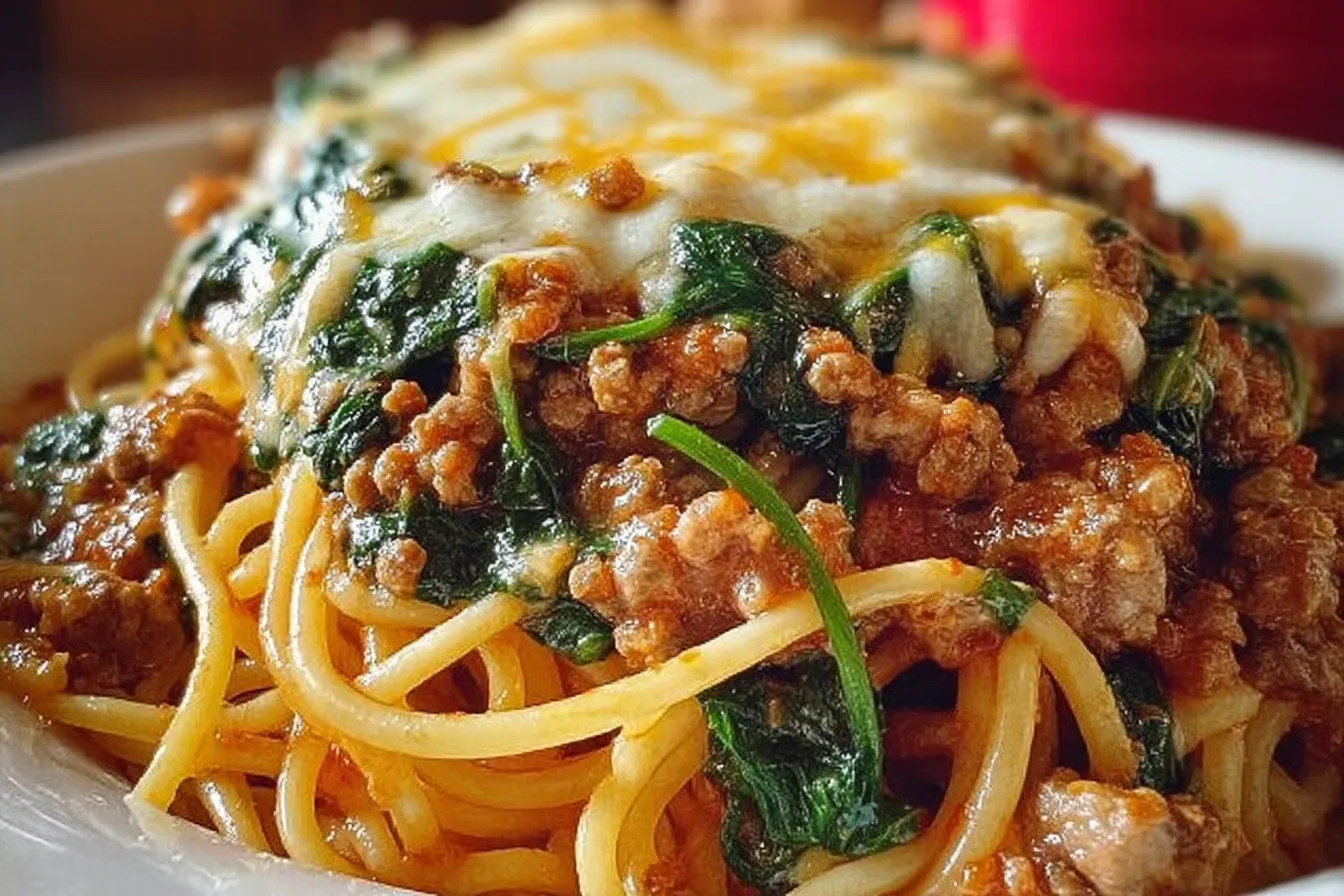 Garlic Butter Spaghetti with Cheesy Italian Sausage and Spinach 