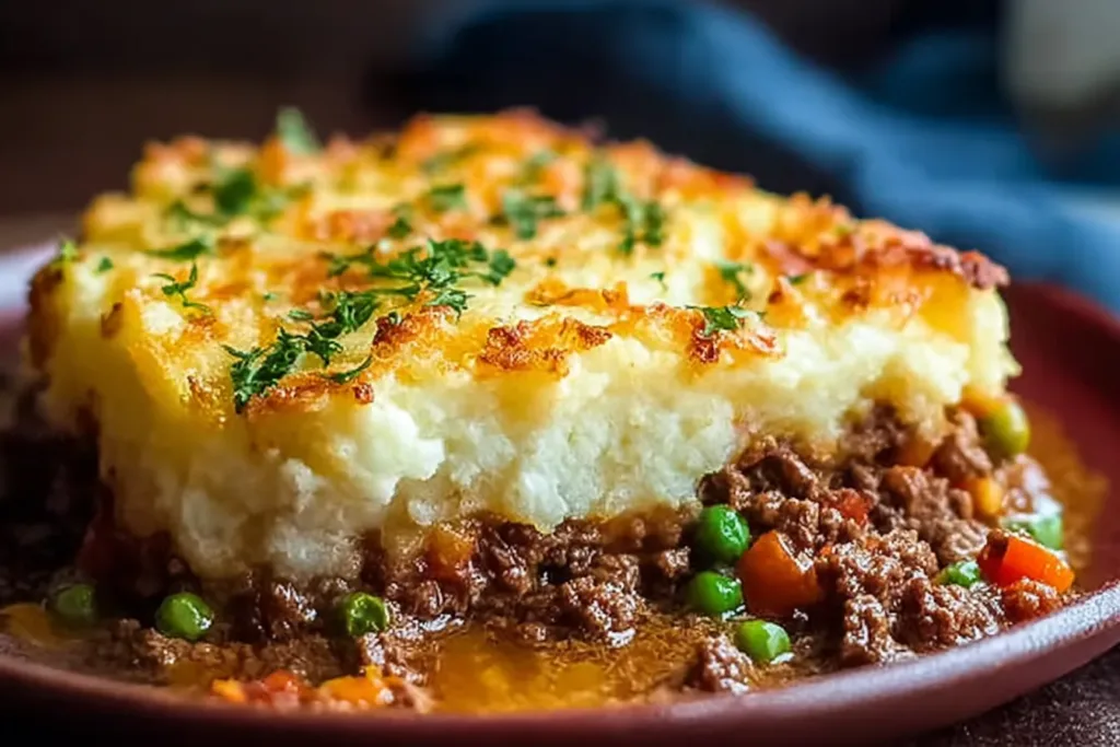Delicious Ground Beef Shepherd’s Pie Slice on a Plate