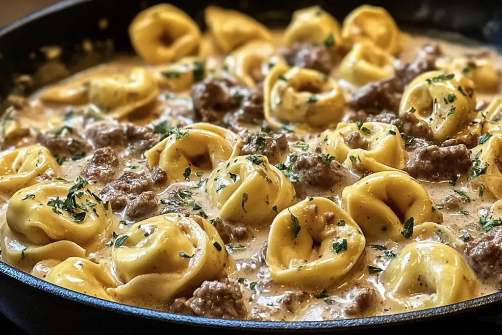Irresistible 30-Minute Creamy One-Skillet Beef Stroganoff Tortellini Close-Up