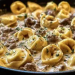 Irresistible 30-Minute Creamy One-Skillet Beef Stroganoff Tortellini Close-Up