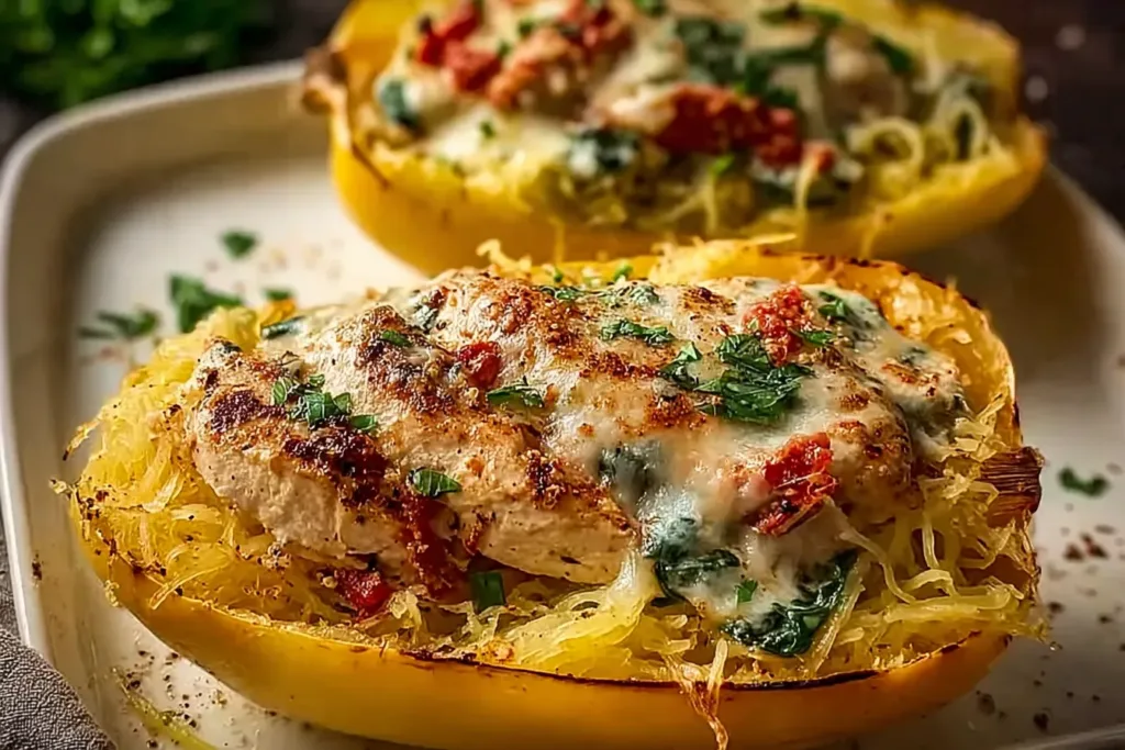 Irresistible Chicken Spaghetti Squash Plated and Ready to Serve