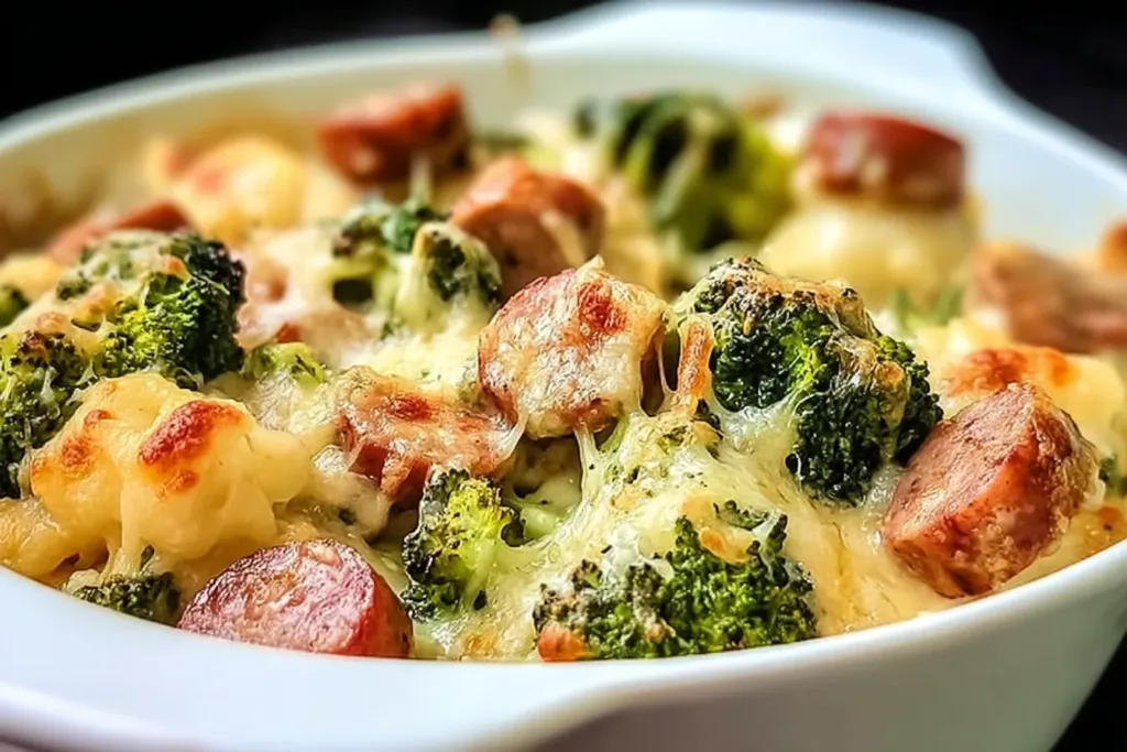 Delicious Keto Broccoli and Cauliflower Au Gratin With Sausage