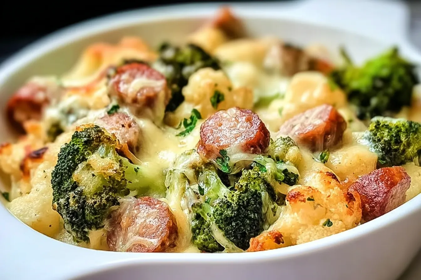 Keto Broccoli and Cauliflower Au Gratin With Sausage Delight