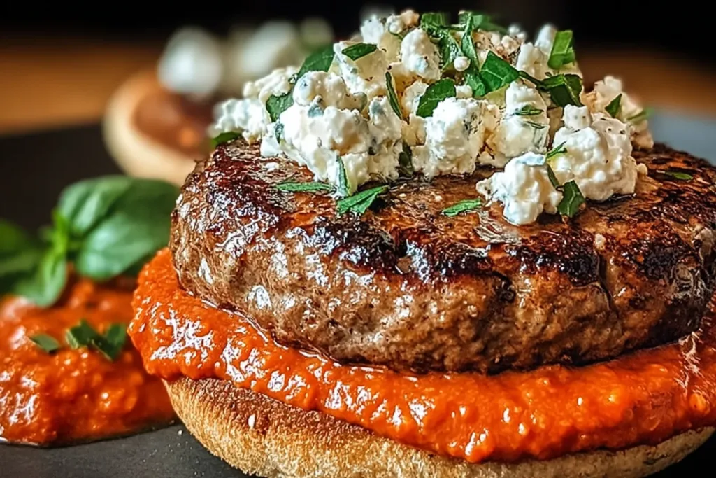 Keto Feta Burgers with Tomato Cream on a Plate