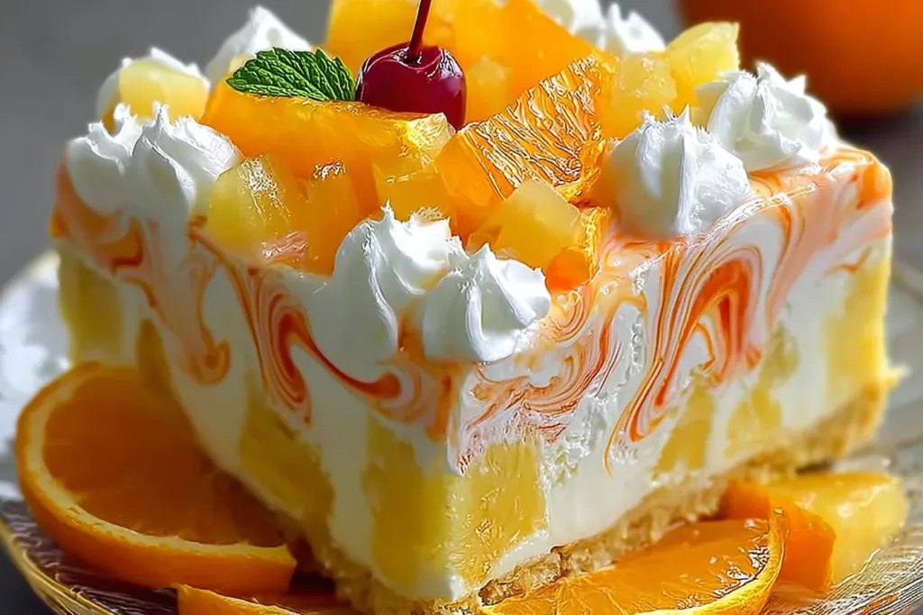 No-Bake Orange Pineapple Swirl Cheesecake Slices on Plate