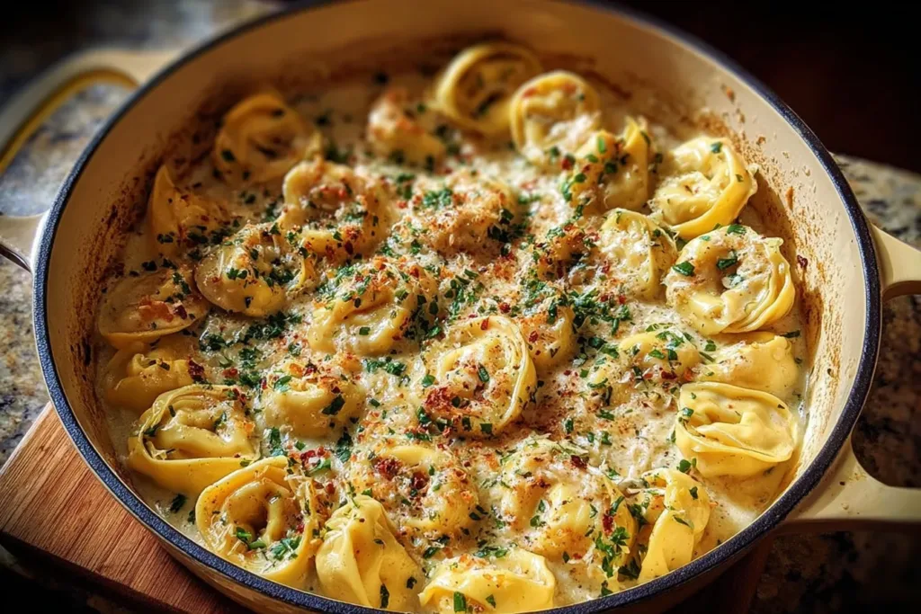 One Pot Creamy Garlic Tortellini Served in a Bowl