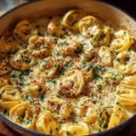 One Pot Creamy Garlic Tortellini Served in a Bowl