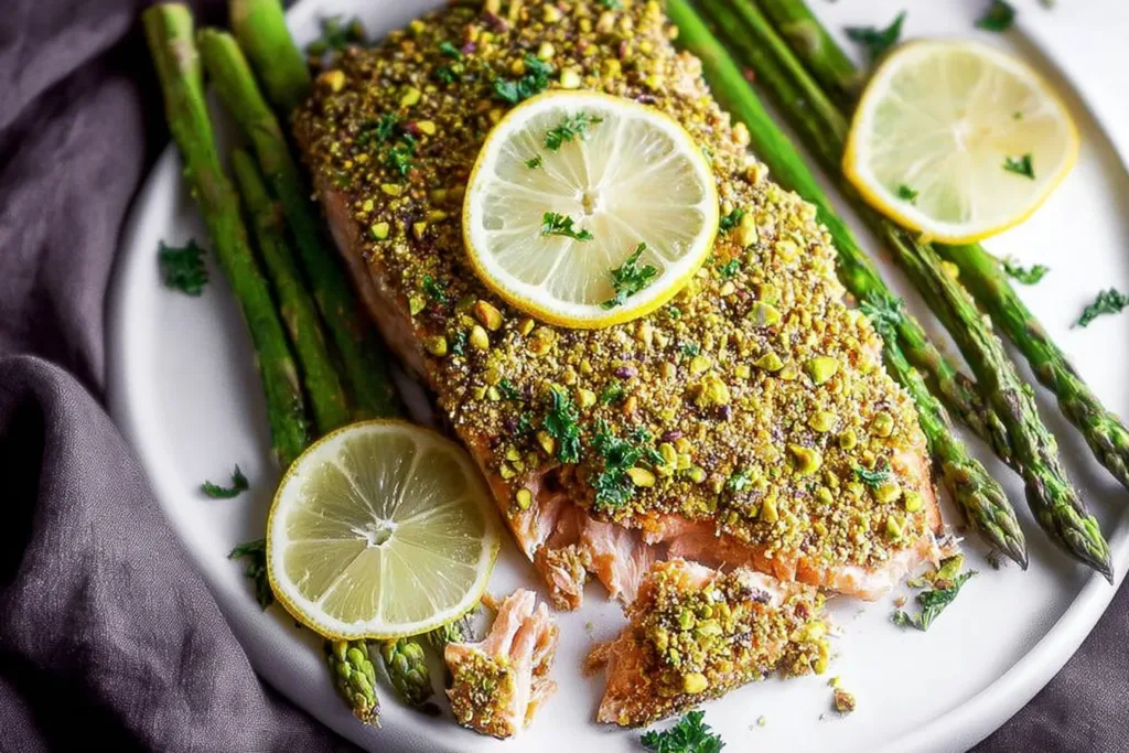 Pistachio Crusted Baked Salmon on a Platter