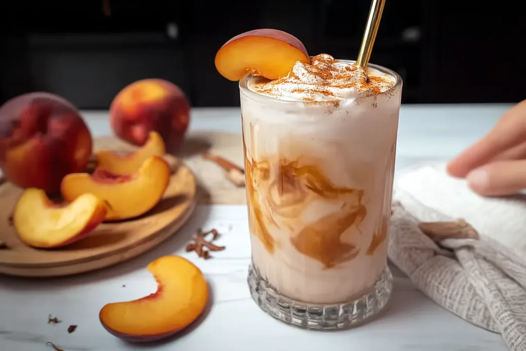 Refreshing Peach Cobbler Chai Latte in a Summer Glass