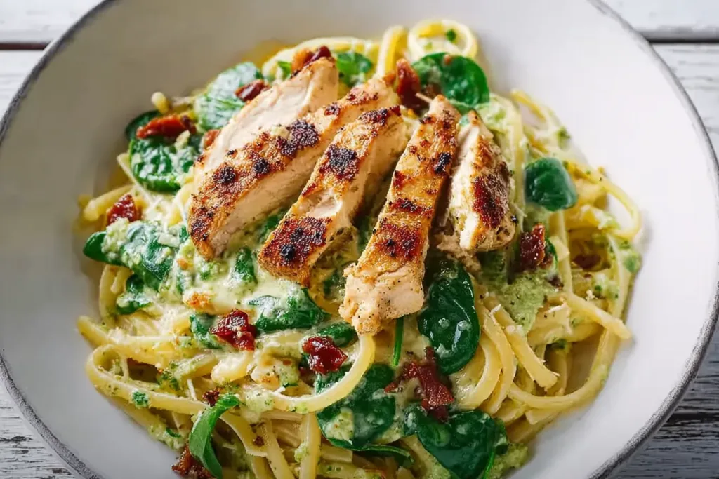Simple Creamy Chicken Pesto Pasta with Spinach Dish