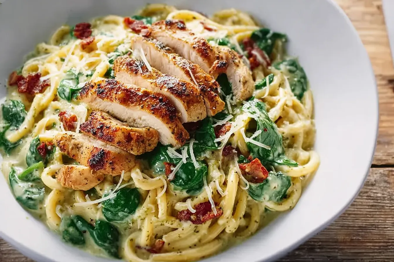 Simple Creamy Chicken Pesto Pasta with Spinach 