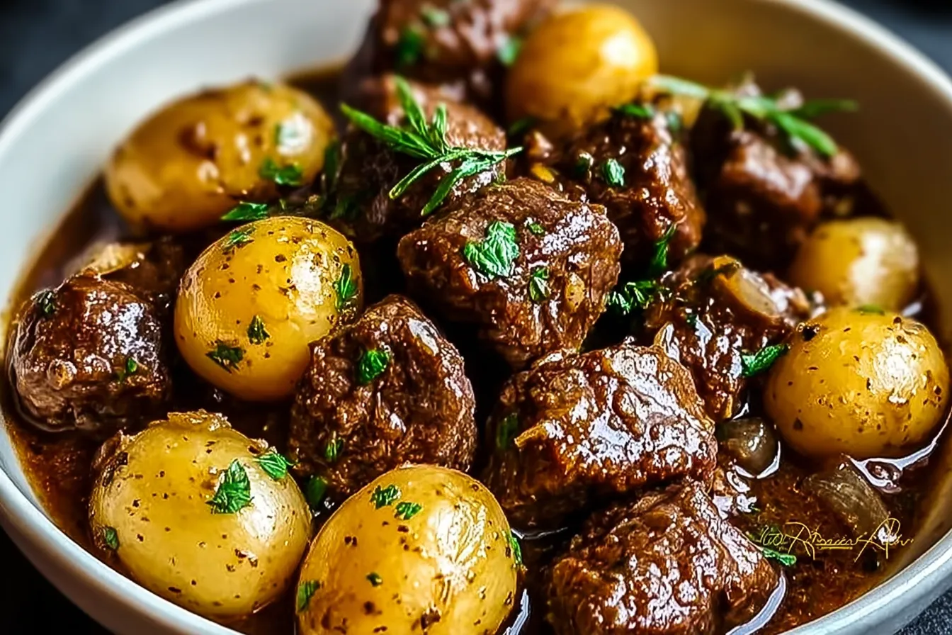 Slow Cooker Garlic Butter Beef Bites & Potatoes 