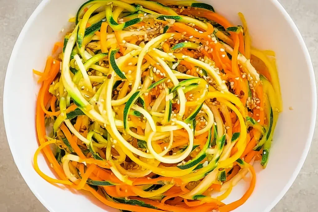 Spiralized Carrot Zucchini Salad in a bowl