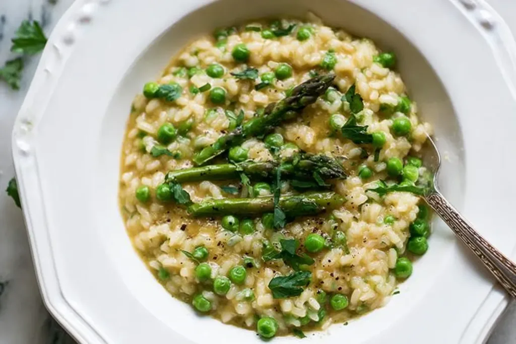 Spring Pea and Asparagus Risotto in a Bowl