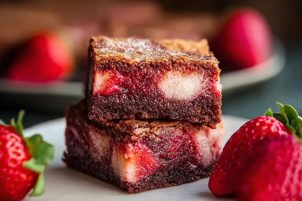 Strawberry Brownies on a Wooden Table