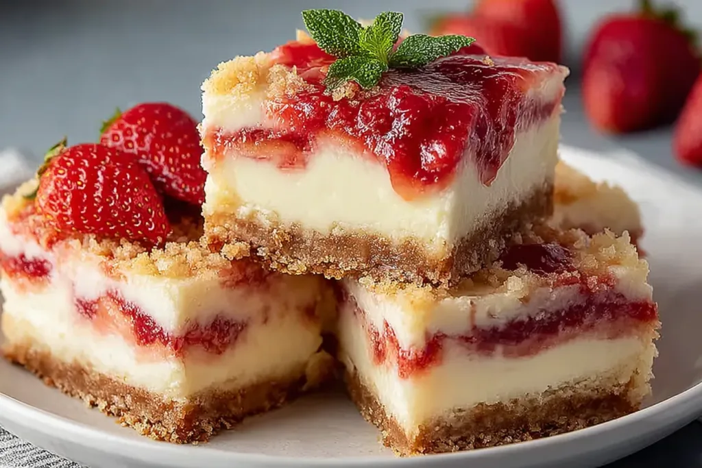 Delicious Strawberry Cream Cheese Cake Bars on a Plate