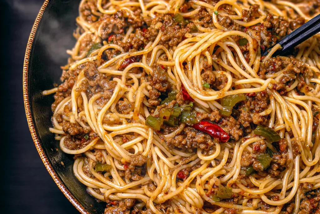Angel Hair Pasta with Chinese Beef Sauce Served in Bowl