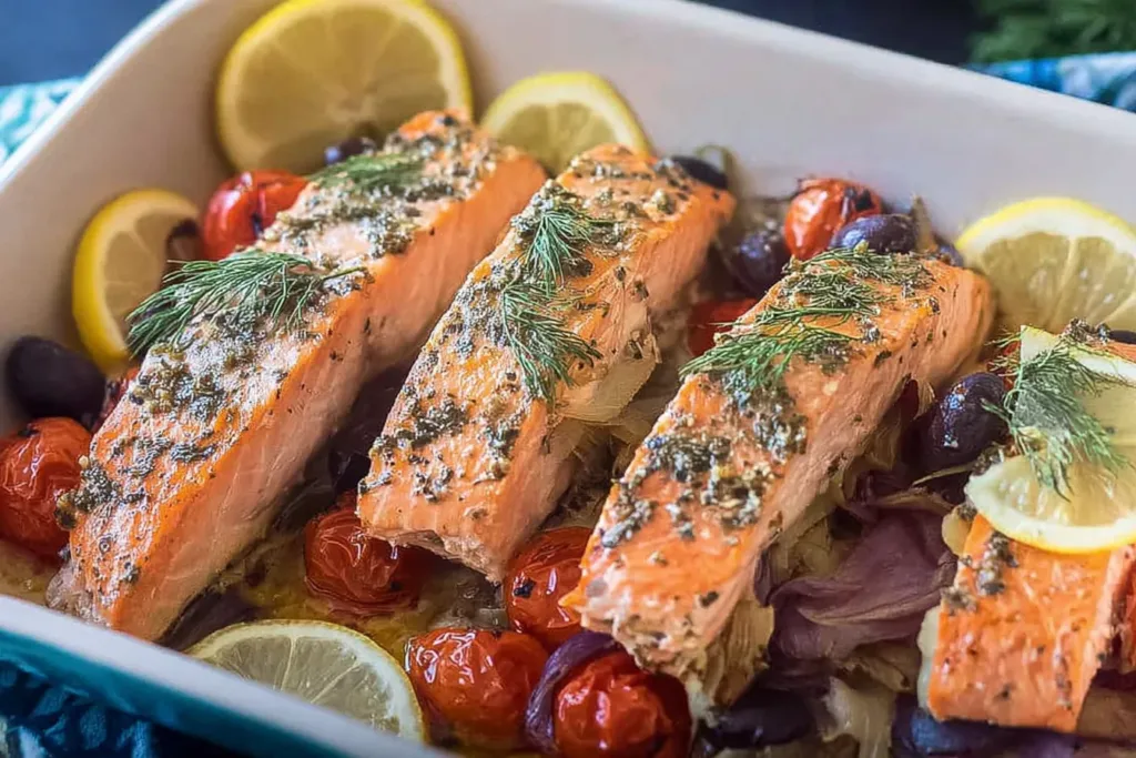 Baked Mediterranean Salmon Plated with Colorful Vegetables