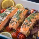 Baked Mediterranean Salmon Plated with Colorful Vegetables