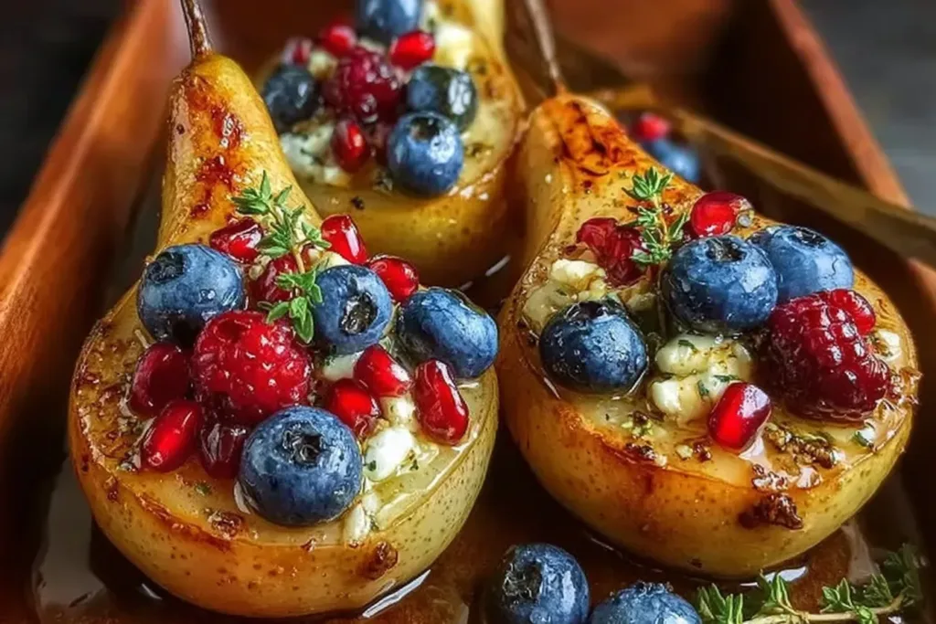 Baked Pears with Berries and Honey Decorated Dessert