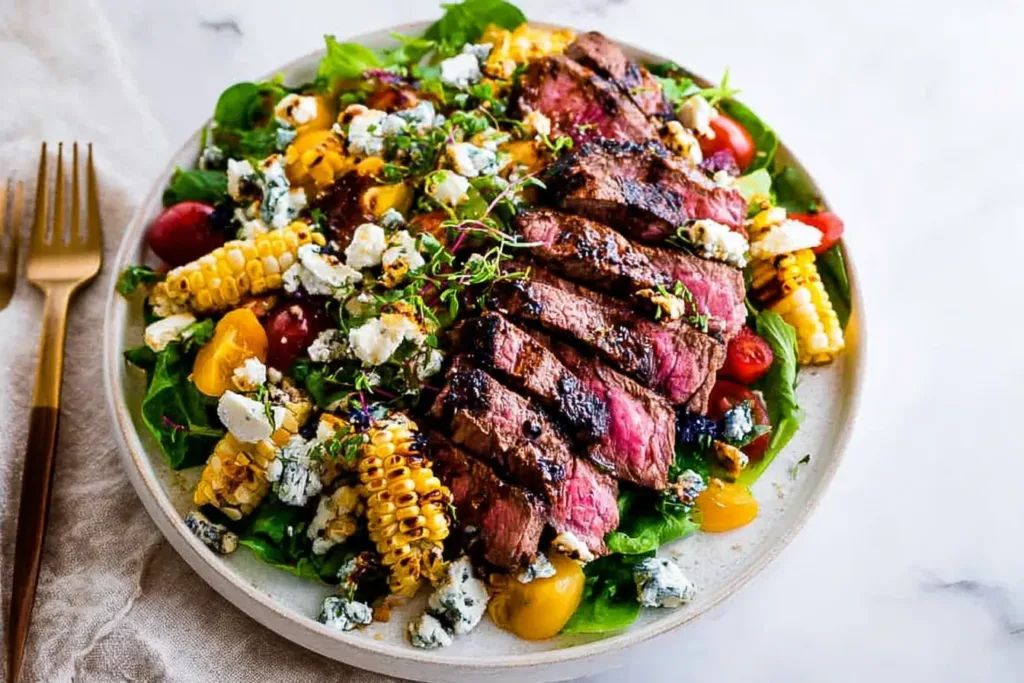 Balsamic Steak Gorgonzola Salad with Grilled Corn Plated