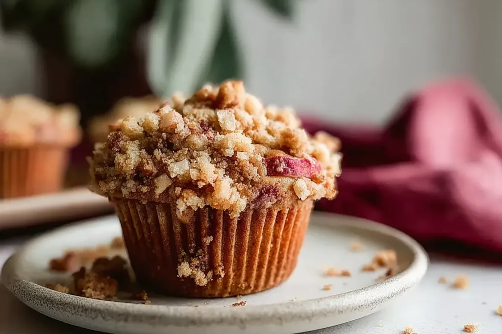 Delicious Buttery Apple Rhubarb Crumble Muffins Fresh Out of Oven