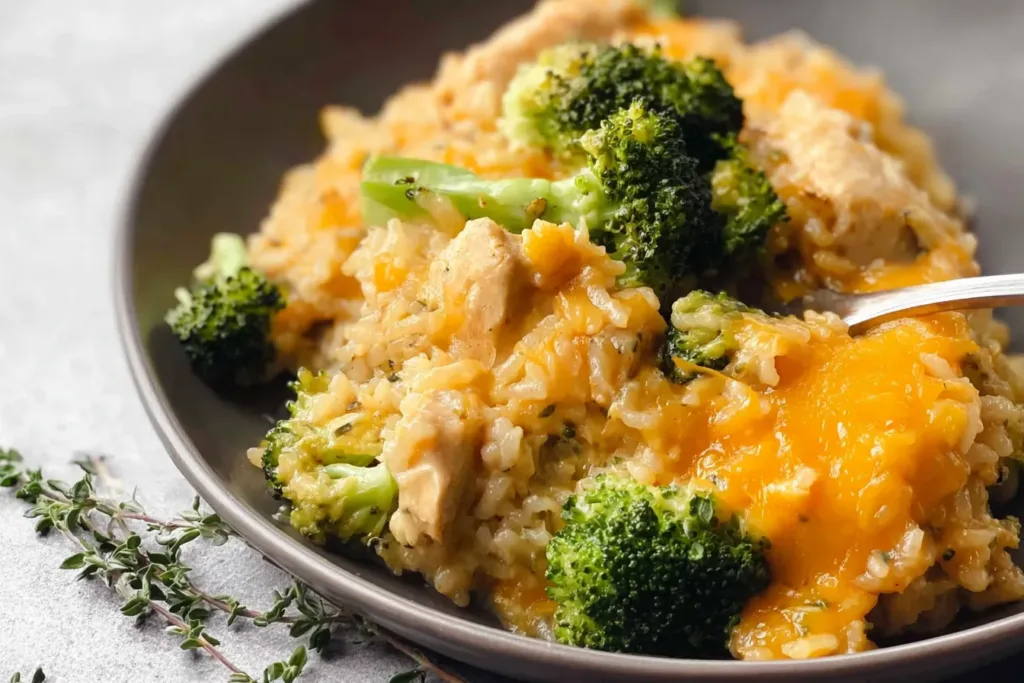 Cheesy Broccoli Chicken and Rice Casserole on a Serving Dish