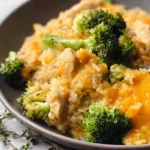 Cheesy Broccoli Chicken and Rice Casserole on a Serving Dish