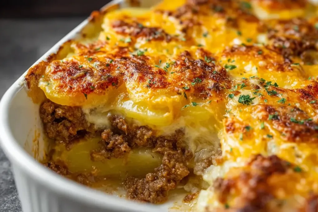 Cheesy Hamburger Potato Casserole Served Warm