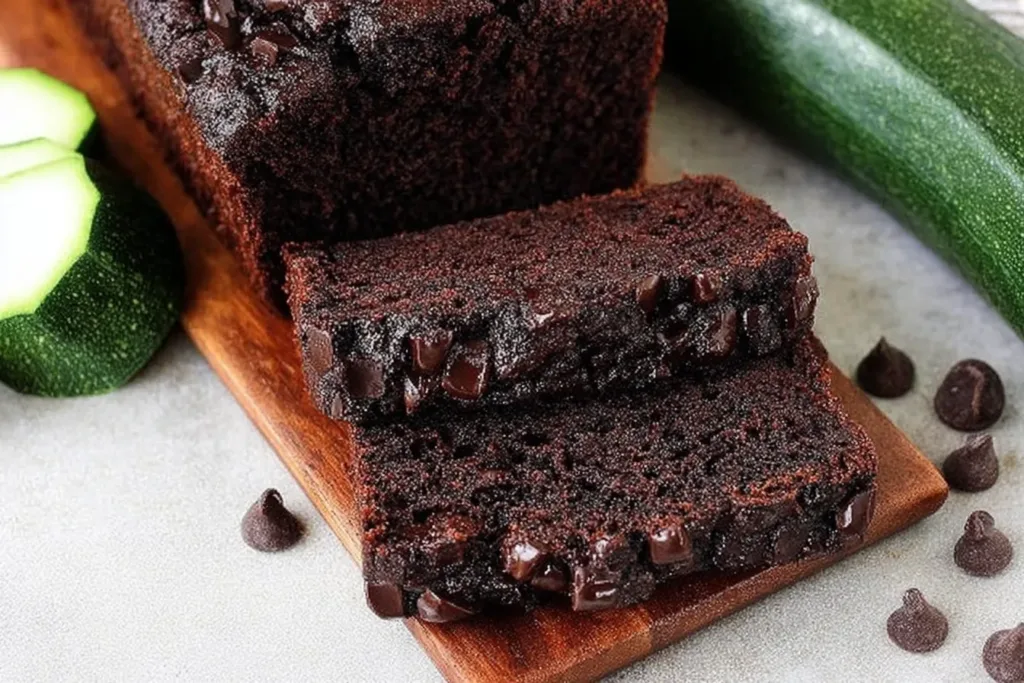 Sliced Chocolate Zucchini Bread on a Plate
