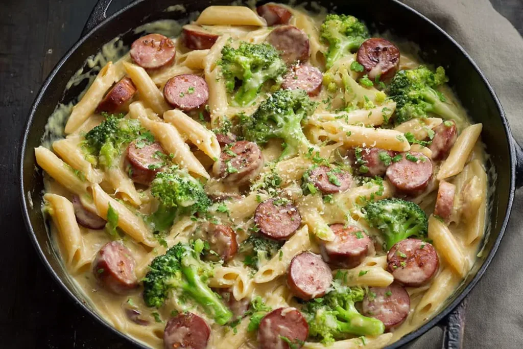 Creamy Kielbasa Broccoli Skillet Plated for Dinner