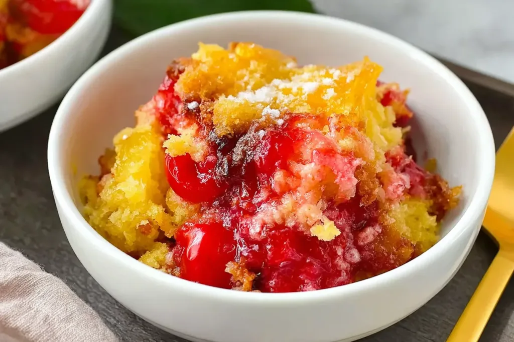 Easy Cherry Pineapple Dump Cake Served on a Plate