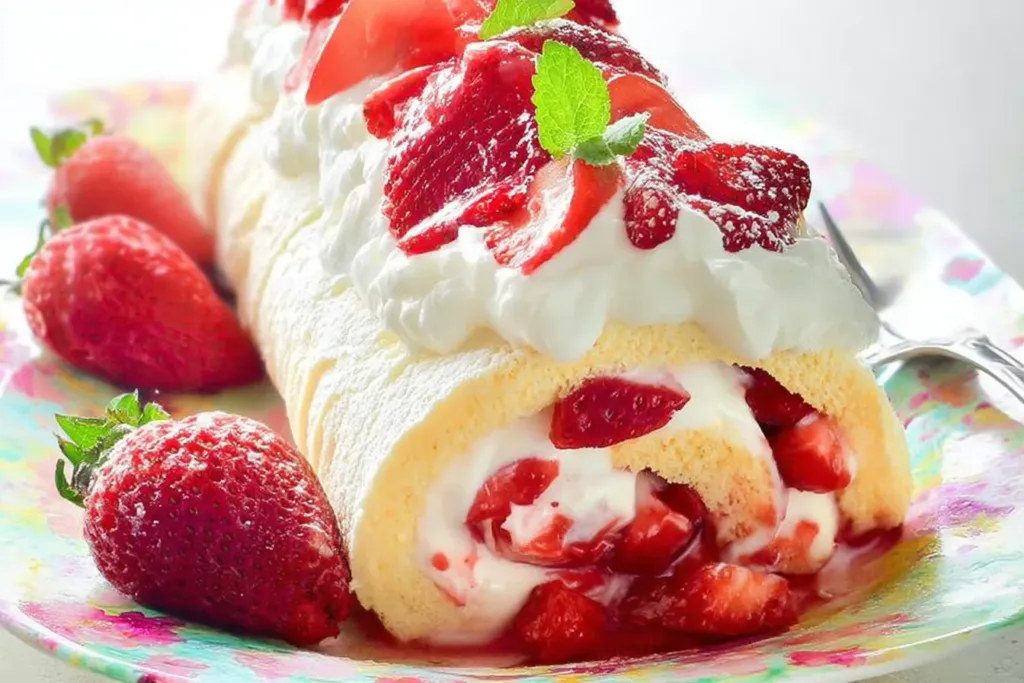Easy Strawberry Cake Roll on a Platter