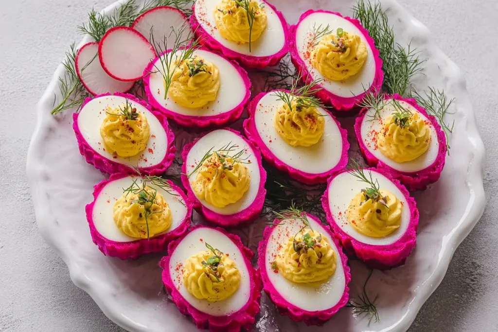 Festive Beet-Pickled Deviled Eggs on a Serving Platter