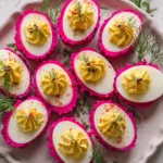 Festive Beet-Pickled Deviled Eggs on a Serving Platter