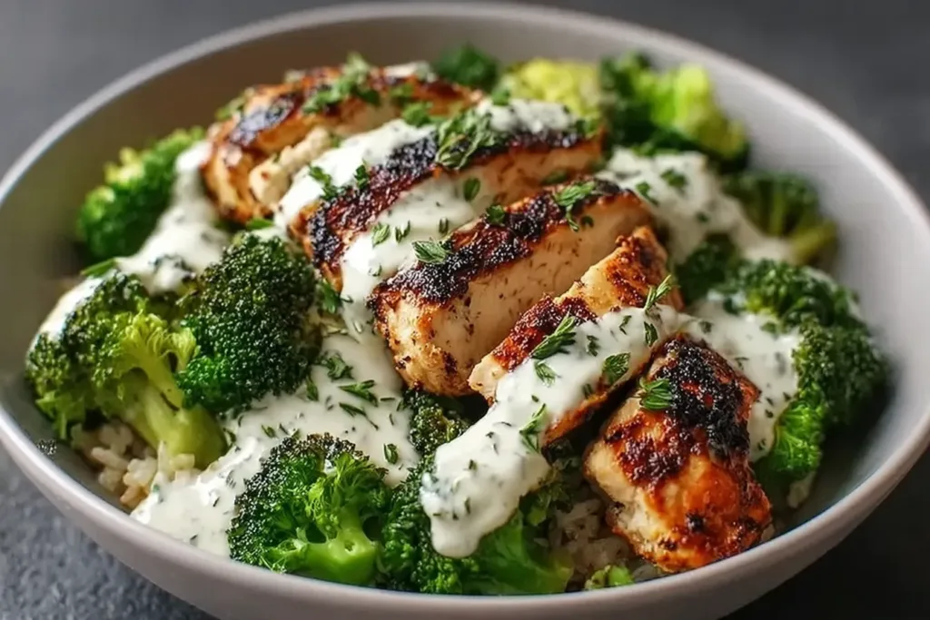 Delicious Grilled Chicken Broccoli Bowls with Creamy Garlic Sauce