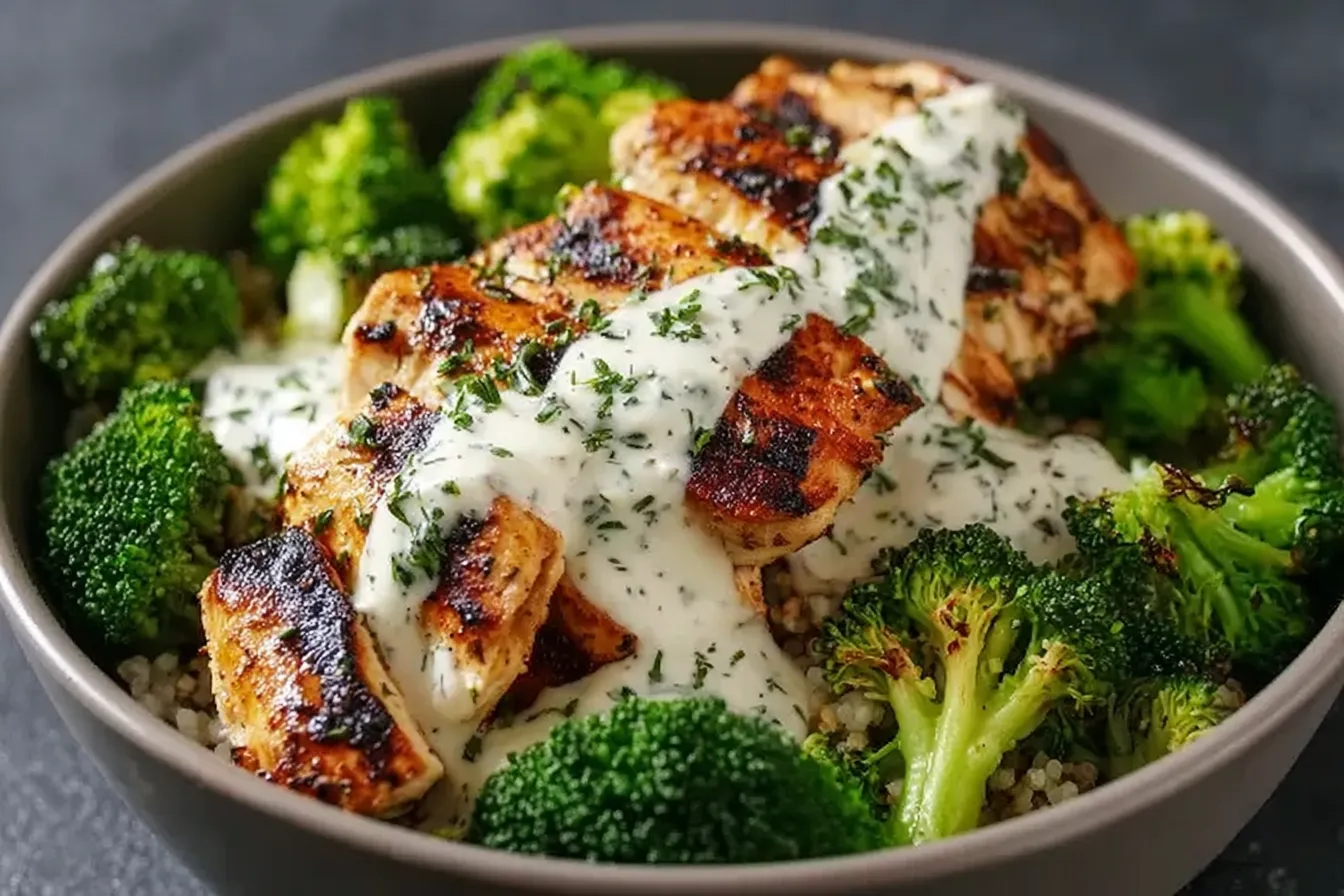 Grilled Chicken Broccoli Bowls with Creamy Garlic Sauce
