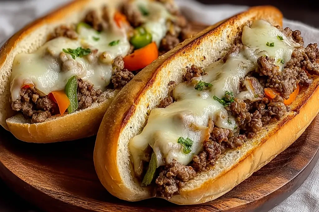 Ground Beef Philly Cheesesteak Served Hot on a Bun